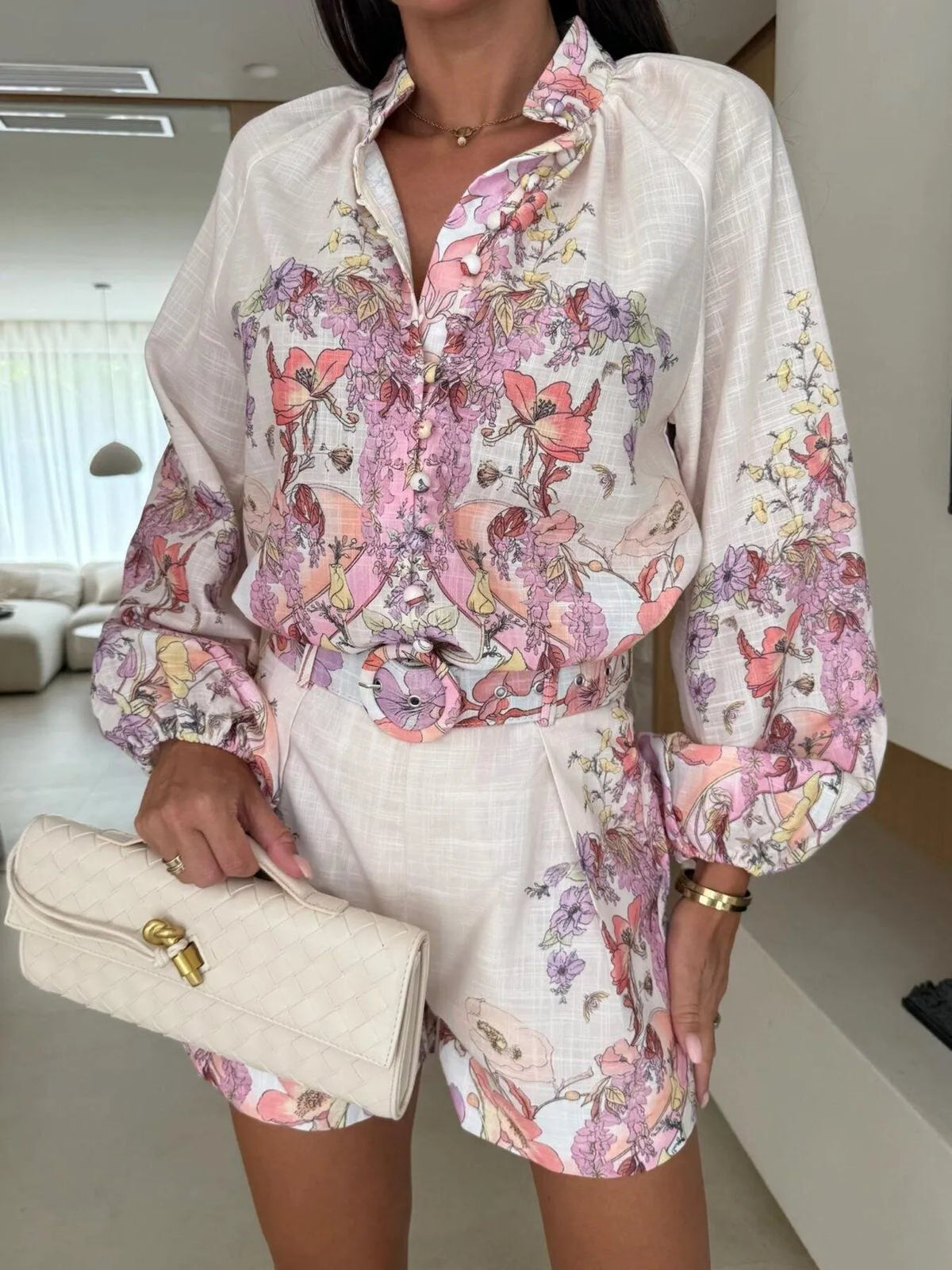 Printed Long Sleeve Shirt and Shorts Set-5