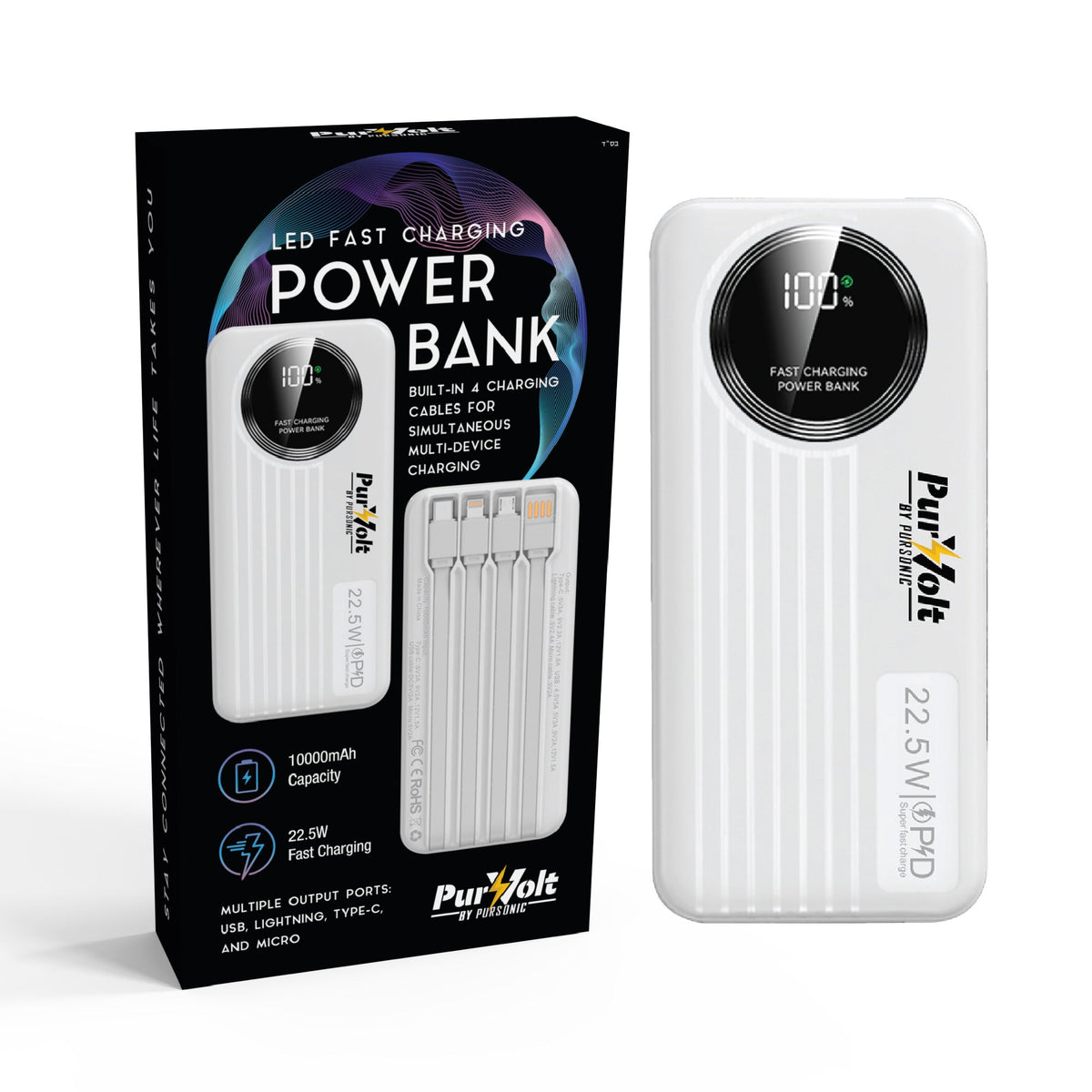 Pursonic 10,000mAh LED Fast Charging Power Bank – Built-in Cables, 22.5W Output, Type-C/USB/Lightning Compatibility-0